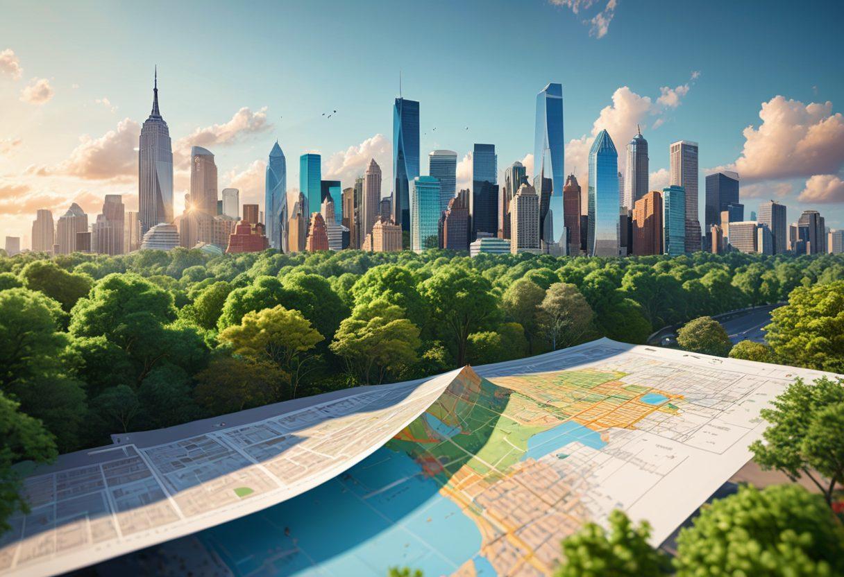 A vibrant city skyline depicting diverse architecture amidst lush green trees, symbolizing both urban and natural environments. Include icons or symbols of buying, selling, and investing, like houses, keys, and dollar signs, strategically placed. A person holding a map, looking intently at the skyline, conveying the journey of navigating the real estate market. The color palette is bright and engaging to attract readers. super-realistic. vibrant colors. 3D.