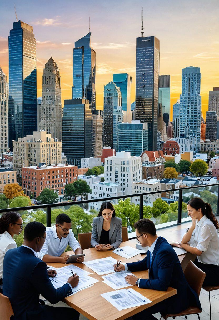 A detailed scene showcasing a diverse group of professionals engaging with property contracts, blueprints, and digital devices, symbolizing the property investment journey. Include a backdrop of urban and suburban landscapes with houses, skyscrapers, and 'Sold' signs. Vibrant colors to highlight the excitement of buying and selling, along with visual elements like calculators and graphs to signify strategic planning. super-realistic. modern. vibrant colors.