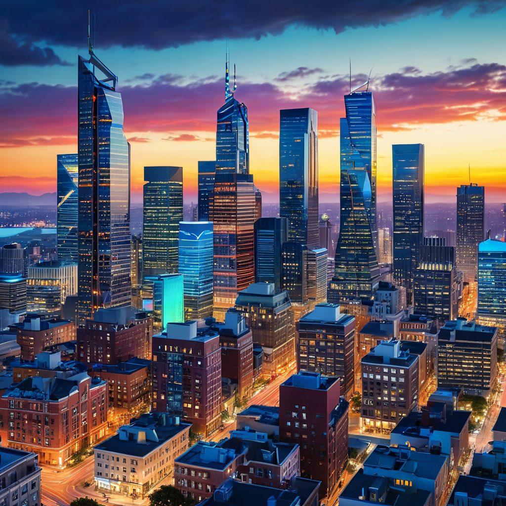 A dynamic city skyline featuring modern homes with 'Sold' signs and digital graphs overlaying the image, representing market trends and data analysis. Include diverse people interacting with real estate professionals, showcasing a blend of technology and traditional services. Bright colors to symbolize optimism and growth. super-realistic. vibrant colors. 3D.